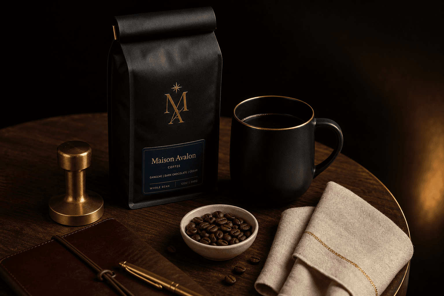 A composed Maison Avalon ritual: matte-black coffee bag with the gold MA mark, brass tamper, oxblood notebook, porcelain bowl of whole beans, and a black mug with a gold rim on a dark walnut tabletop.