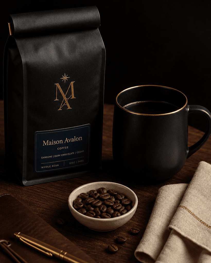 A composed Maison Avalon ritual: matte-black coffee bag with the gold MA mark, brass tamper, oxblood notebook, porcelain bowl of whole beans, and a black mug with a gold rim on a dark walnut tabletop.